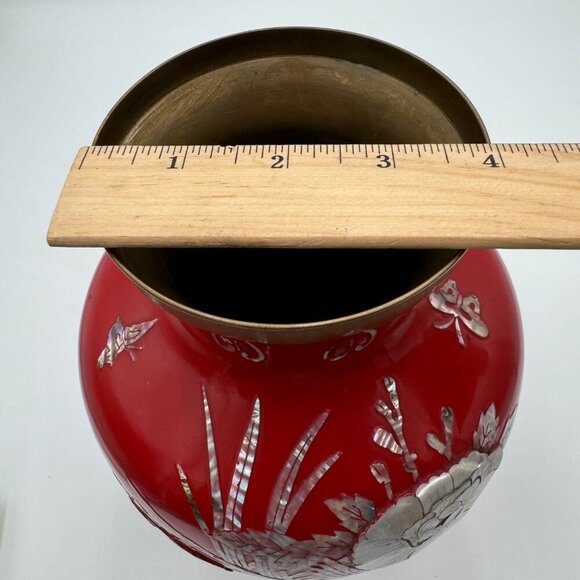Vntg. Cloisonné Mother of Pearl inlay Red Enamel on Brass VASE 11” tall Large si - Picture 12 of 14